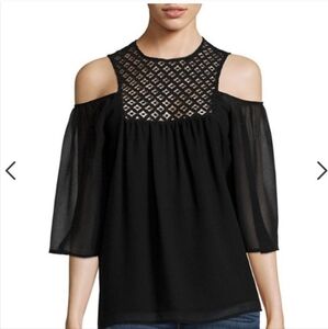 Sunset & Sixth Black Lace Floral Cold Shoulder Feminine Lined Shirt Blouse. Sz S